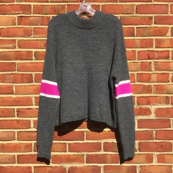 Gray and Pink Revolve John + Jenn Varsity Stripe Mock Neck Sweater - Picture 4 of 13